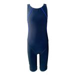 OPEN BACK Body Suit Knee Racing Swimwear ชุดวันพีชหลังโอเหนือเข่า ผ้าพื้นสีดำ โรยด้ายสีฟ้าเข้ม DVRW2130002