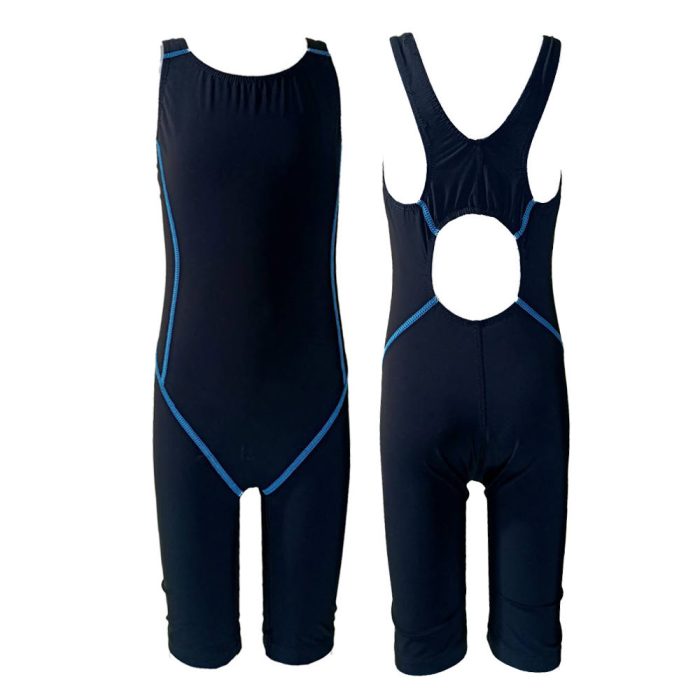 OPEN BACK Body Suit Knee Racing Swimwear ชุดวันพีชหลังโอเหนือเข่า ผ้าพื้นสีดำ โรยด้ายสีฟ้าเข้ม DVRW2130003