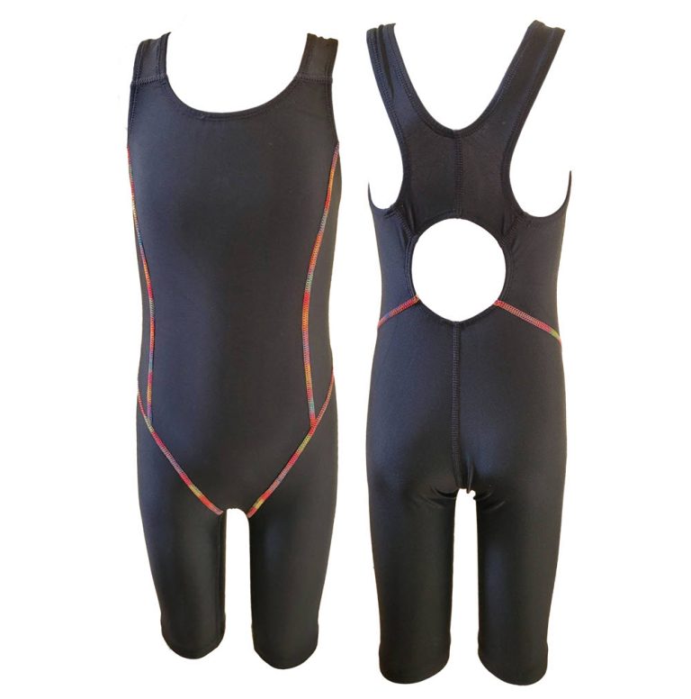 OPEN BACK Body Suit Knee Racing Swimwear ชุดวันพีชหลังโอเหนือเข่า ผ้าพื้นสีดำ โรยด้ายสีรุ้ง DVRW2130005