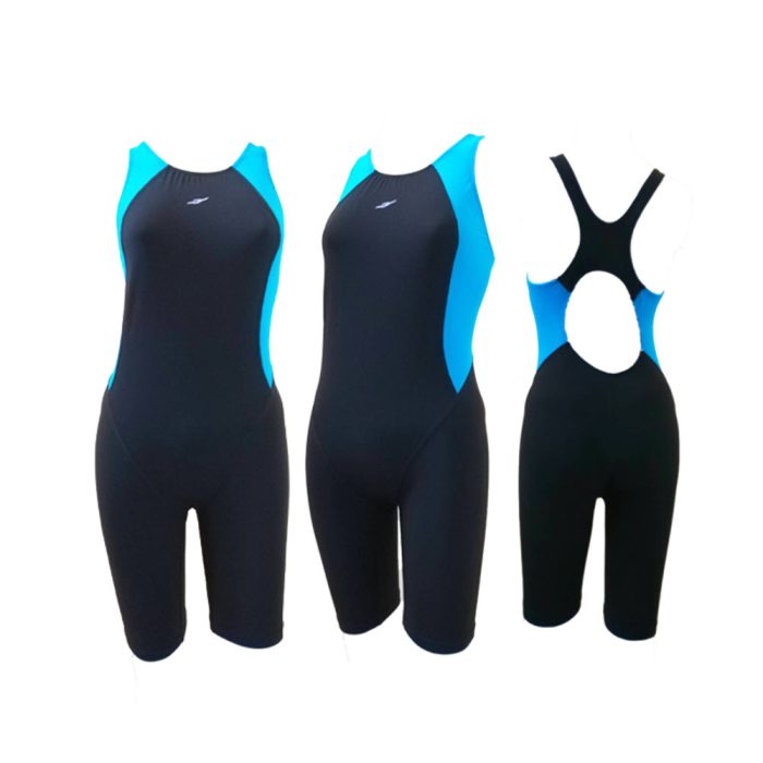 OPEN BACK Body Suit Knee Racing Swimwear ชุดวันพีชหลังโอเหนือเข่า ผ้าพื้นสีดำ แถบสีฟ้า DVRW2230002