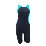 OPEN BACK Body Suit Knee Racing Swimwear ชุดวันพีชหลังโอเหนือเข่า ผ้าพื้นสีดำ แถบสีฟ้า DVRW2230002